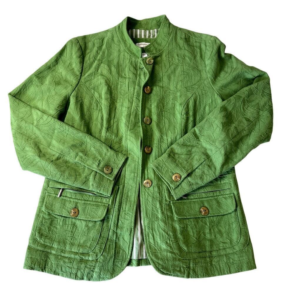 Coldwater Creek Green Brocade Striped Lining Y2K jacket size 8 EUC